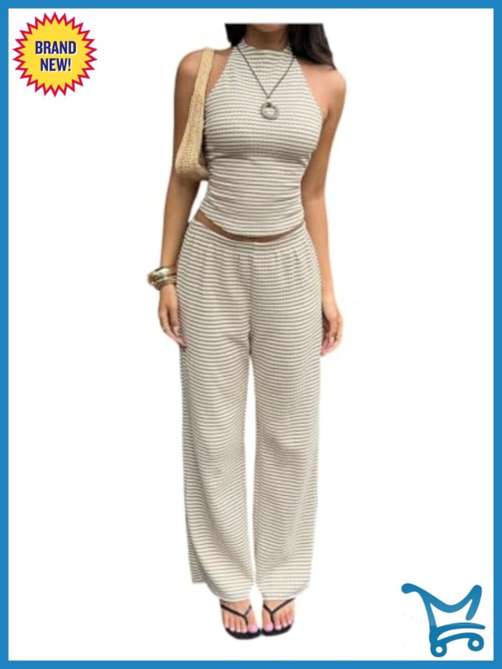 Women's 2 Piece Striped Halter Top & Wide Leg Pants Set Going Out Outfit